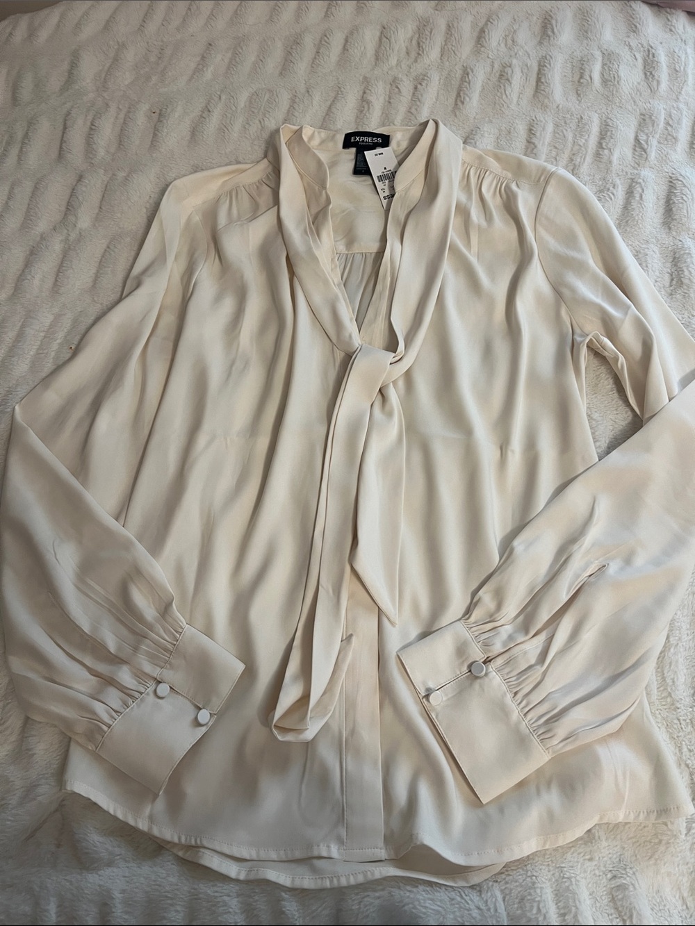 Express Cream Tie-Neck Long Sleeve Blouse
